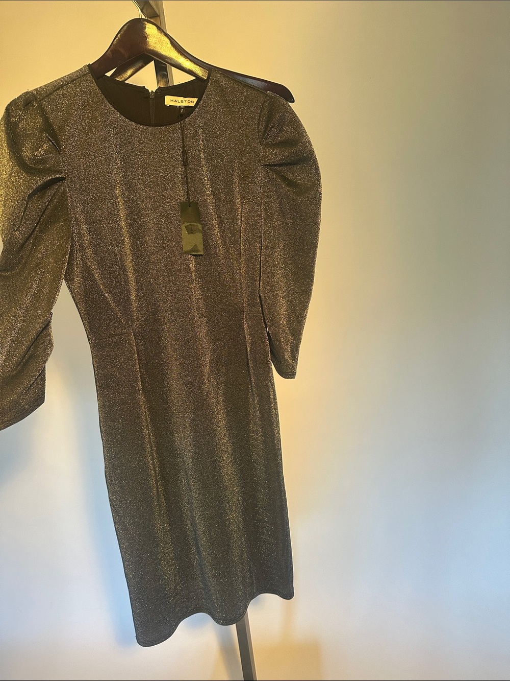 Halston Shimmer Puff-Sleeve Midi Dress in Metallic Black size 10